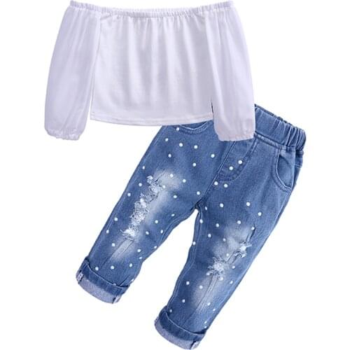 Little Baby Girls 2-piece summer casual Suit Spot Print Ripped pocket Jeans Solid Color Off Shoulder pullover Long Sleeve Tops
