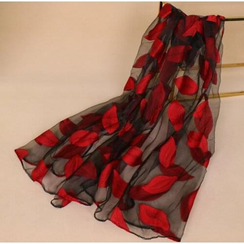 Best selling Organza lightweight shawl women floral lace Embroidered scarf leaf scarves fashion thin pashimina