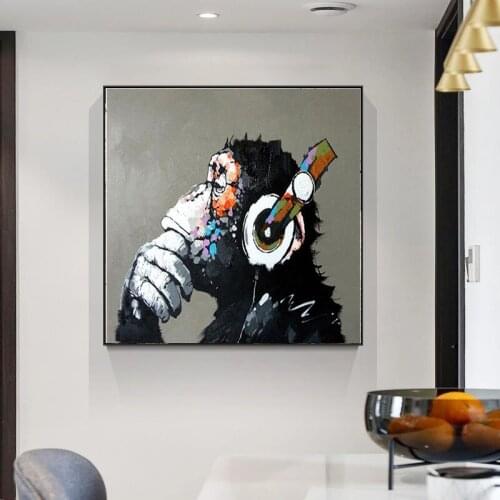 Hand-painted headphones cool monkey canvas oil painting living room mural family animal decoration childrens room stretch