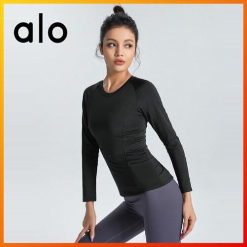 Alo Yoga New Womens Stitching Long Sleeve Pure Color Sports Running Gym Top Breathable Fitness T-shirt Fashion Sexy Slim 1290