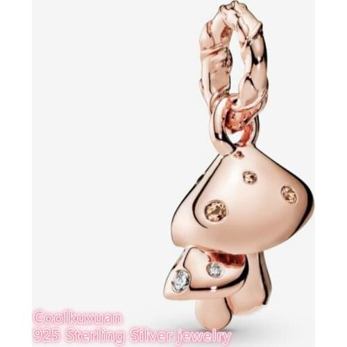 Autumn 100% 925 Sterling Silver Sparkling Mushrooms Dangle Charm Rose Gold beads Fits Original Pandora bracelets Jewelry