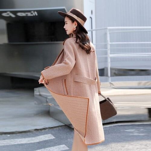 Autumn and Winter Long Woolen Coat Female Korean Houndstooth Wool Coats Thick Shawl Suit Collar Coat Windbreaker High End f2306