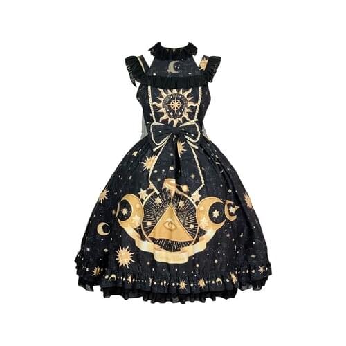 New Vintage Harajuku Gothic Women Fashion Black Stars Moon Print Dress Sweet Girl Lolita Temperament Slim Kawaii Dress
