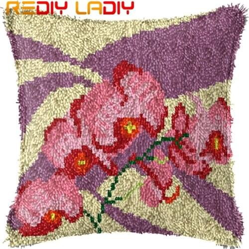 Latch Hook Cushion Pink Orchid Pillow Case Pre-Printed Color Canvas Acrylic Yarn Latched Sofa Pillow Crochet Cushion Cover Kits