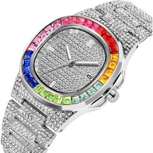 Luxury Iced Out Watches for Men Luxury Hiphop Rapper Gold Watch Men Colorful Rhinestone Quartz Wristwatch Relogio Masculino Gift