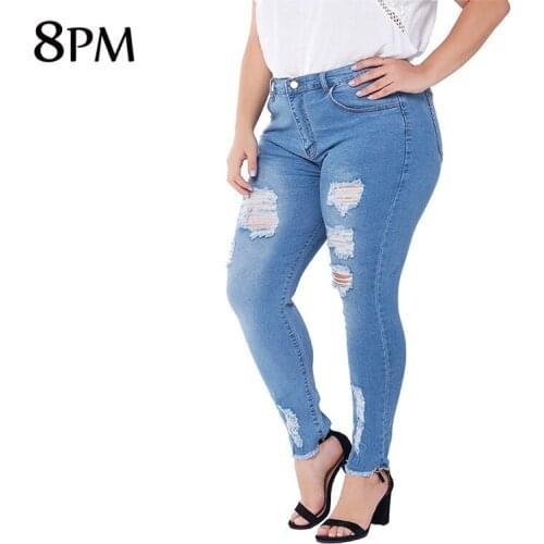 Plus Size Sexy Hole Ripped Design Jeans Women Blue Fashion Denim Pants Fit Trousers Straight Classic Jean ouc712