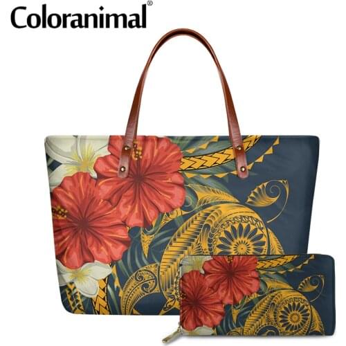 Coloranimal Luxury Brand Ladies Shoulder Bag Hawaii Turtle Polynesian Tropical Hibiscus Plumeria Prints Women Handbag Tote Bag