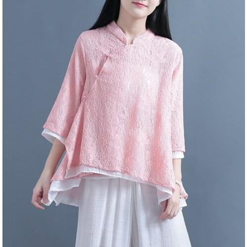 Chinese Style Womens Tops And Blouses 2020 Lace Cheongsam Top Mandarin Collar Tang Suit Loose Hanfu Ladies Chinese Tops 11061