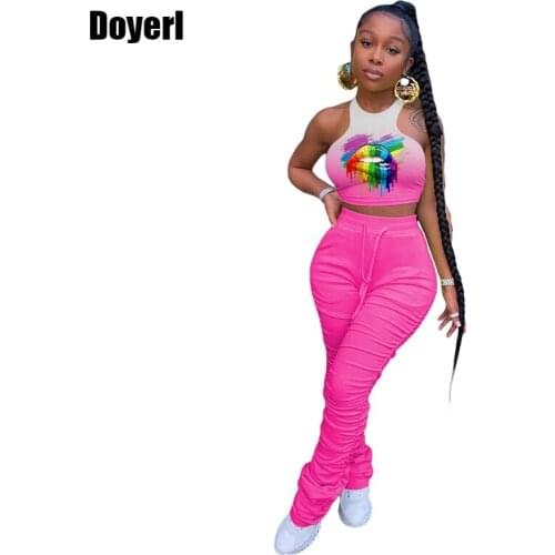 Print Tracksuit Women Set Clothing for Summer Sportwear Casual Two Piece Set Top and Stacked Pants Matching Sets 2 Piece Outfits