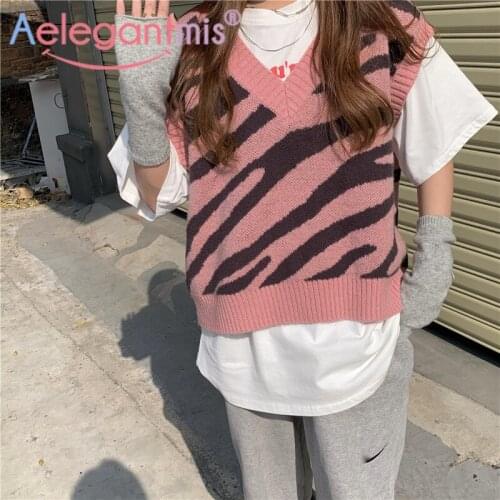 Aelegantmis Vintage Zebra Pink Sweater Vest Women Colorful Knitted Vest Leopard Casual Plaid Sleeveless Jumpers Female Kawaii