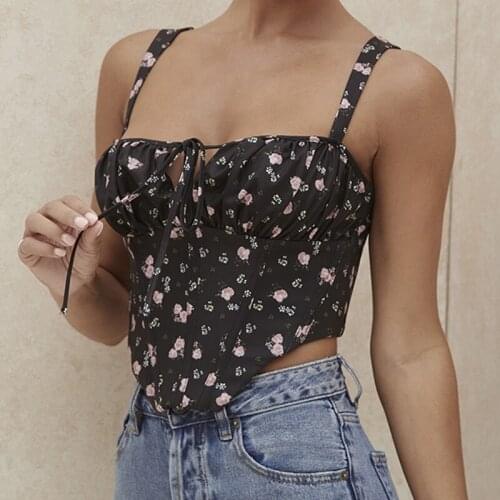 Floral Corset Women Sweet Print Hollow Up Tie Up Sexy Crop Top Summer Sleeveless Ruched Boning Bustier Casual Tank Top