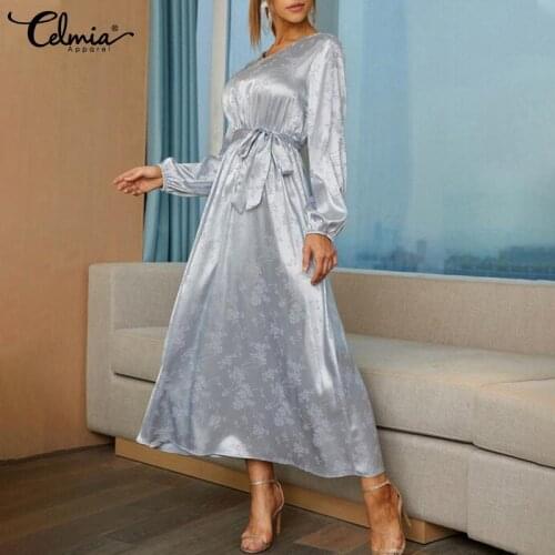 Celmia Women Puff Sleeve Vintage Satin Jacquard Robes Casual Elegant Belted Party Vestidos 2021 Fashion Slim V Neck Midi Dress