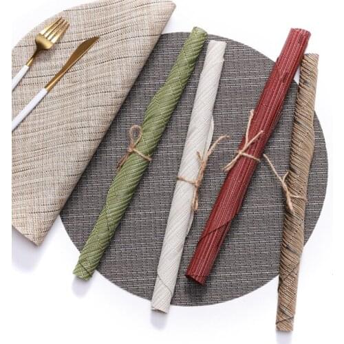 2pcs/pack 35cm Round Placemat PVC Table Mats Heat Insulation Tableware Pads Anti Slipping Bamboo Lines Woven Design 11 Colors