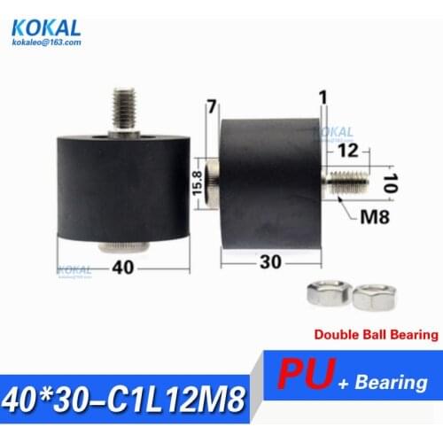 1PCS outer diameter 40mm 1.57" polyurethane M8 Screw stainless steel TPU PU soft double ball bearing roller wheel M8*40*30mm