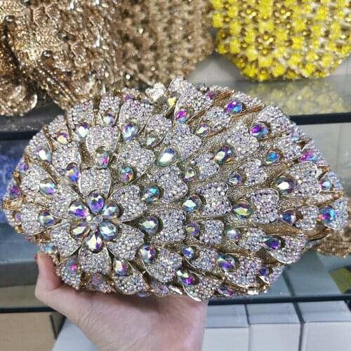 Free Shipping Gold Metal Women AB Rhinestone Crystal Clutch Purse High Quality Female Shoulder Handbags Best Ladies Wedding Bags