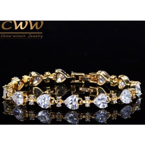 CWWZircons New Noble Heart Shape CZ Stones Light Yellow Gold Color Women Bracelets Wedding Bridal Party Jewelry CB100