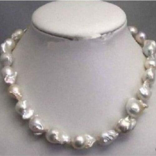 Jewel Rare fine Large 15--23mm White Unusual Baroque Pearl Necklace disc Clasp 18 "
