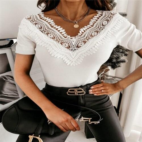 Elegant Womens Spring And Autumn Sweater Stitching Design Lace Ruffle Decoration V-Neck Short Sleeve Fashion Slim Pullover