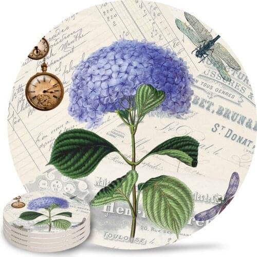 Purple Flower Dragonfly Clock Retro Ceramic Coasters Waterproof Tea Cup Mat Christmas Home Decor Coasters for Glasses