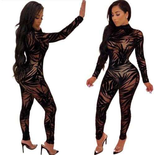 Solid Color Sexy Mesh See-Through Bodycon Jumpsuits Women Winter Clubwear Long Sleeve High Waist Lace Patchwork Rompers