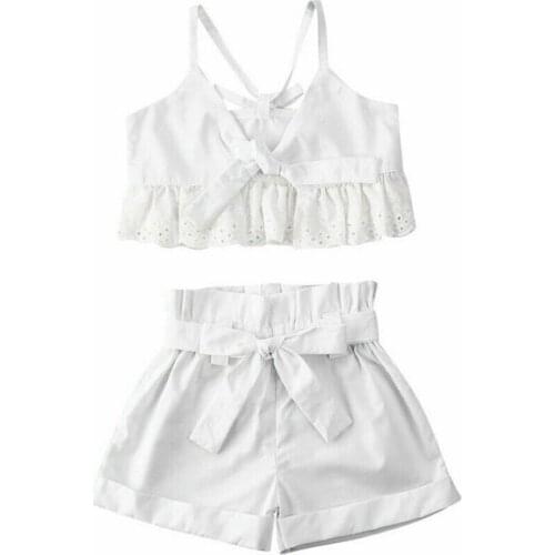 Two Piece Set Toddler Kids Baby Girls Clothes Sleeveless Ruffles Crop Tops+Bowknot Solid Shorts Fashion Cute Outfits Summer
