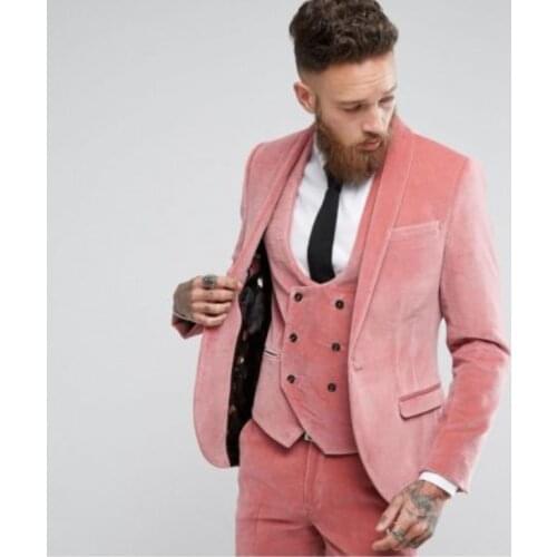 Custom Pink Velvet Mens Suits 3 Pcs Fashion Winter Groom Wedding Dress Slim Fit Mens Tuxedo Suit Jacket + Vest + Pants