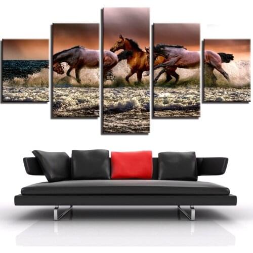 Cuadros de lienzo Marco de Arte de pared Modular 5 piezas corriendo caballos pintura sala de estar impresiones de alta definició