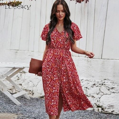 Summer Dress Fashion Red Casual Ladies Floral Print Button Up Front Split Long Dresses New Arrival Clothes For Women 2021 Fall