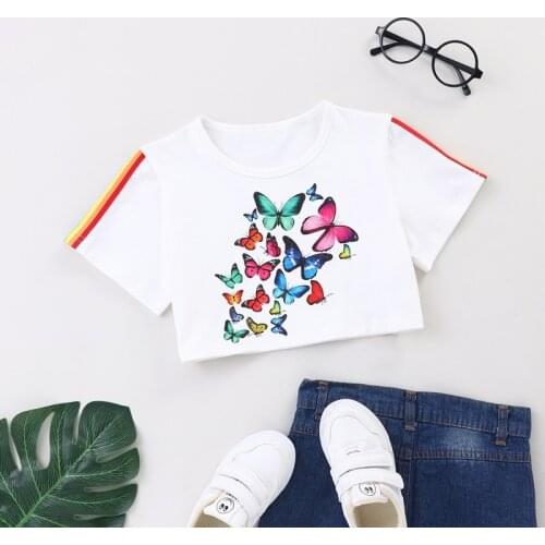 2021 New Fashion Clothes Kids Summer Clothes Kids Clothes Colorful Butterfly Short Sleeve T-shirts Cotton Girls Clothes Tops