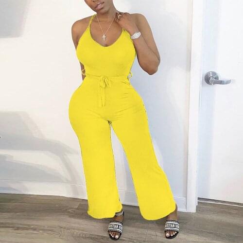 Solid Spaghetti Strap Elegant One Piece Overalls Women Fashion Low Neck Sleeveless Jumpsuit Office Lady Backless Sash Outfits