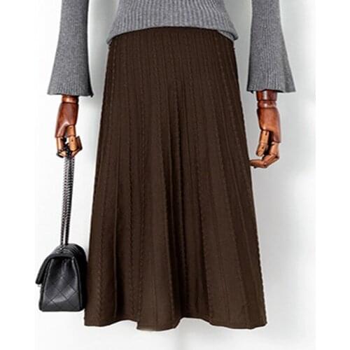 OUMENGKA Women Knitted Skirts Fashion 2019 High Waist Skirt Women Autumn Winter Midi Skirt Elastic Waist A Line Ladies Skirts