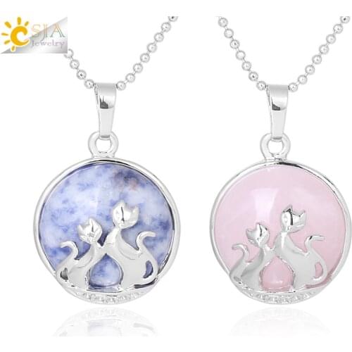 CSJA 2018 Double Cat Kitty Kitten Necklace for Women Fashion Jewelry Slide Shellhard Natural Stone Charms Pendant Jewellery F340