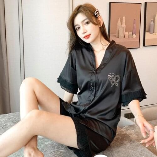 Cotton Pajama Short Sleeve Pijama Mujer Femme Black Solid Color Loose Nightwear Suit Female Casual Homewear Pajama Set for Women
