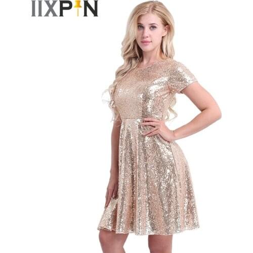 YiZYiF Women Sequins A-line Skater Dress Jazz Dance Costume Cocktail Party Ladies Short Sleeve Shiny Evening Bridesmaid Dress