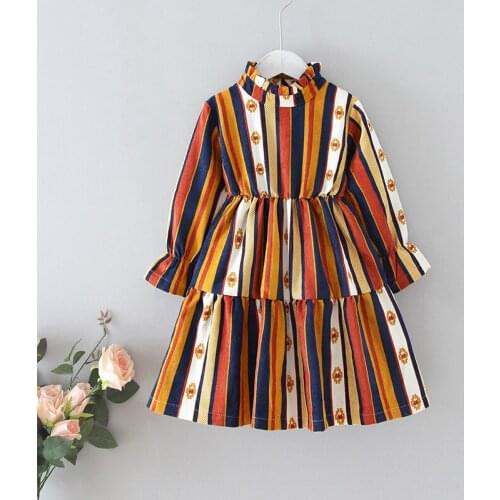 Girls Casual Dresses Long Sleeve Kids Baby Colorful Striped Princess Vestidos Spring Autumn Children Elegant Clothing