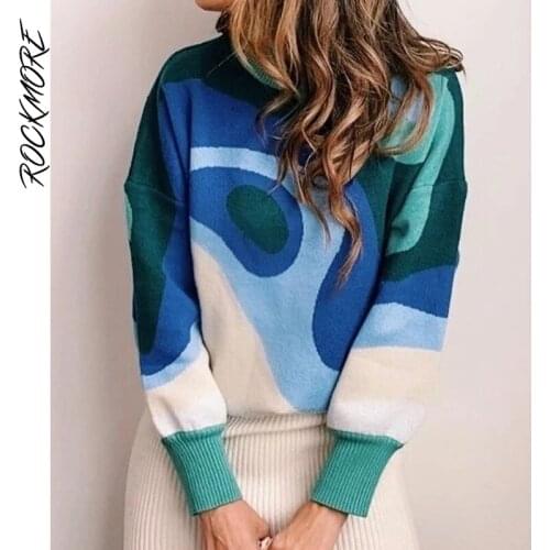 Rockmore Autumn Casual Sweaters Women Baggy Knit Jumpers Harajuku Print Pullovers Warm Long Sleeve Knitwear Korean Grunge