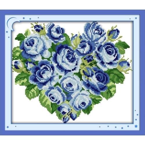 Rose Heart (5)-Blue cross stitch kit aida 14ct 11ct count print canvas cross stitches needlework embroidery DIY handmade
