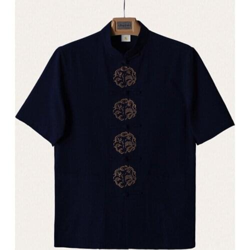 Summer Navy Blue Mens Cotton Embroidery Dragon Shirt tops Vintage Chinese Kung Fu Short Sleeve Shirt Tang Suit Size M - XXXL