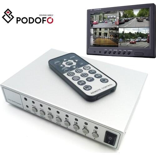 Podofo Metal Shell HD Color Video Quad Splitter CCTV Video Camera Processor System Kit Switcher, Remote Control 6 BNC Adapter