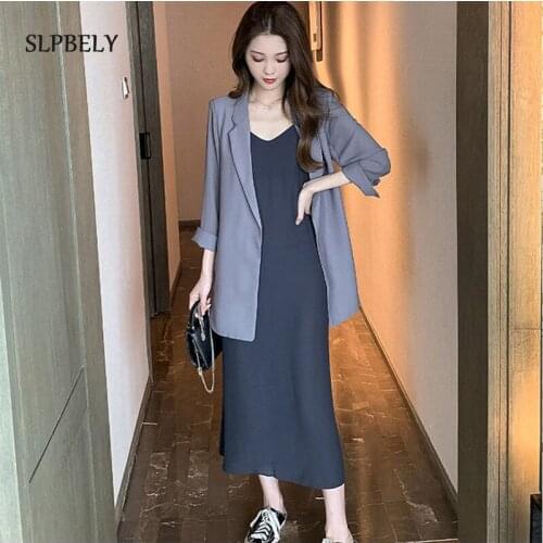 SLPBELY Two Piece Suit Set For Women Spring Summer Casual Lady Solid Elegant Suit+Sling Dress Solid Color Offical Women Suit