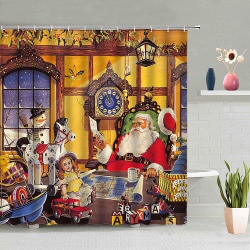 Christmas Shower Curtain 3D Printed Xmas Happy New Year Santa Claus Snowman Cute Child Bathroom Screen Home Decor With Hook