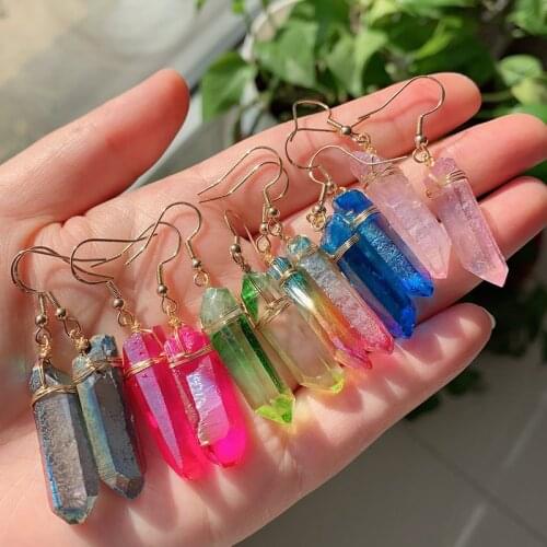 Reiki Healing Raw Hexagonal Stone Pendulum Long Point Tassel Charm Rock Crystal Earring Natural Quartz Dangle Earrings Femme