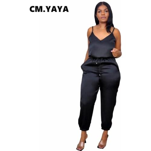 CM.YAYA Women Jumpsuit Silk Solid Sleeveless Strap V-njeck Drawstring Waist Pockets Jumpsuits Casual Fashion Outfit Summer 2021