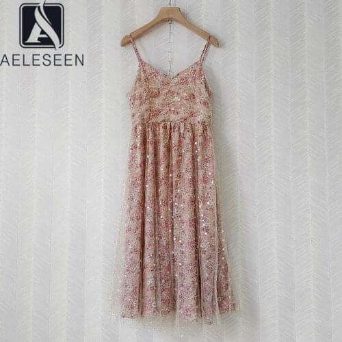 AELESEEN Runway Fashion Women Summer Dress 2021 Spaghetti Strap Flower Print Mesh Sequined Long Beach Dress