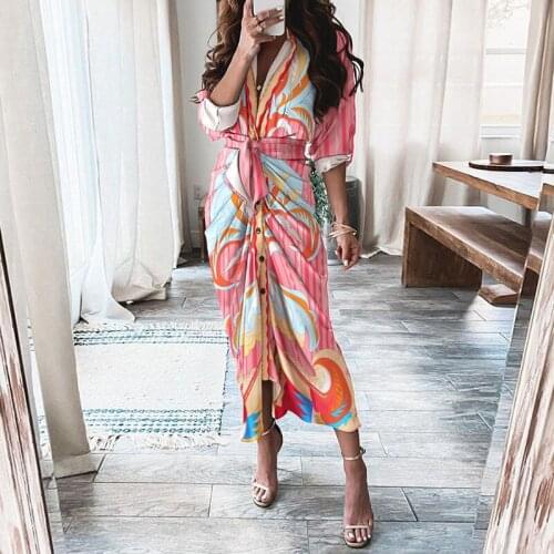 2021 Ladies New Elegant Womens Lapel Robe Autumn Sun Dress Casual Long Sleeve Sexy Lace-up V-neck Slim Pleated Ladies Dress