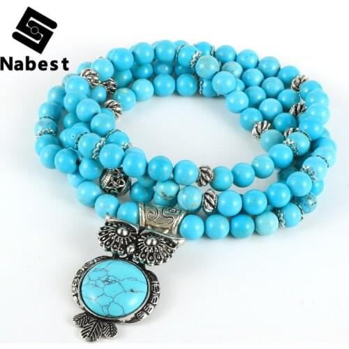 Women Men Natural Stone Turquoises Necklace Pink Crystal Tiger Eye Stand Owl Peandant 8mm 108 Male Beaded Sweater Chain Jewelry