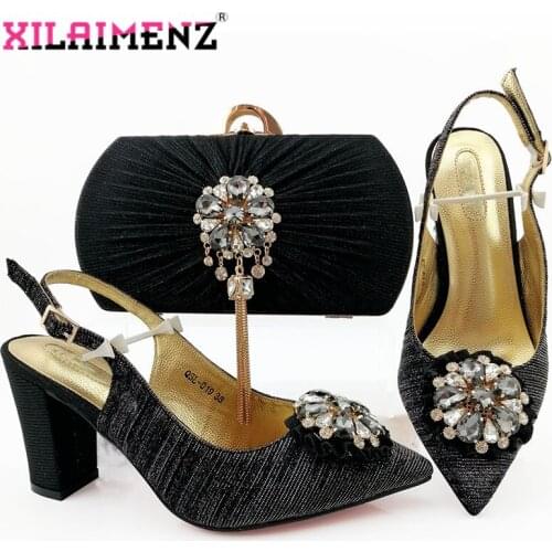 2020 Concise Style Matching Sandals and Purse Set for Wedding Woman African Shoes and Bag Set with Shinning Crystal in Black