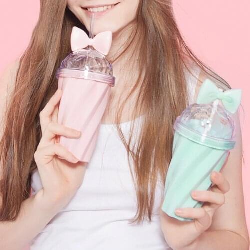 380ml Lovely Straw Cup Cold Drink Cup Plastic With Bow Lid Straw Cup Bottle High Quality Home Office School Gift Drinkware Mug