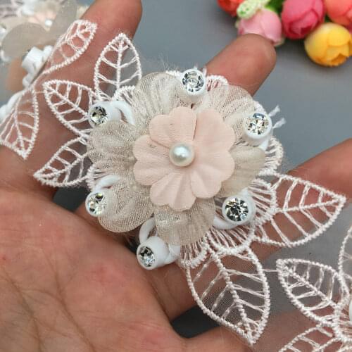 5x Pink Diamond Flower Leaf Pearl Beaded Embroidered Lace Trim Fabric Ribbon Applique Wedding Dress Patchwork DIY Sewing Craft