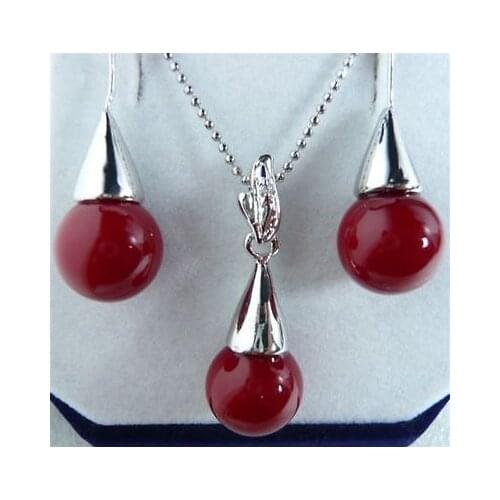 Free deliver Nobility Lucky Women Fashion 12mm red shell pearl pendant necklace earrings new jewelry hook
